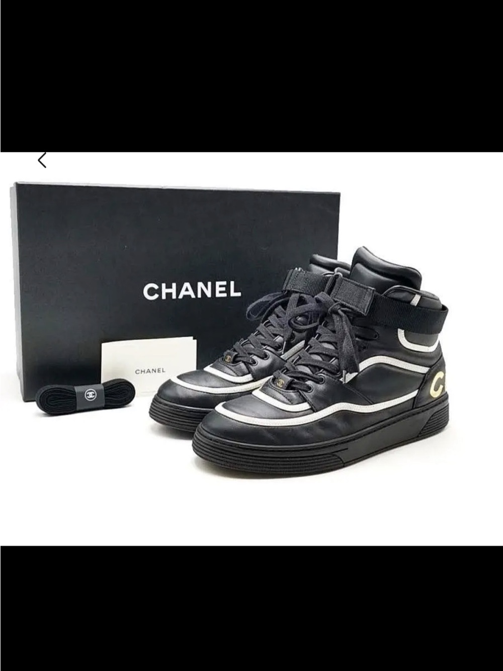 CHANEL Black and White Men's High-Top Sneakers with Ankle Strap women’s size 10